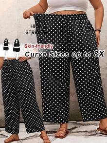 SHEIN CURVE+ 大尺碼休閒純色寬鬆長褲 夏季/鄉村/海邊度假穿搭/海邊穿搭/海邊服飾 - 黑與白 - 查看 1