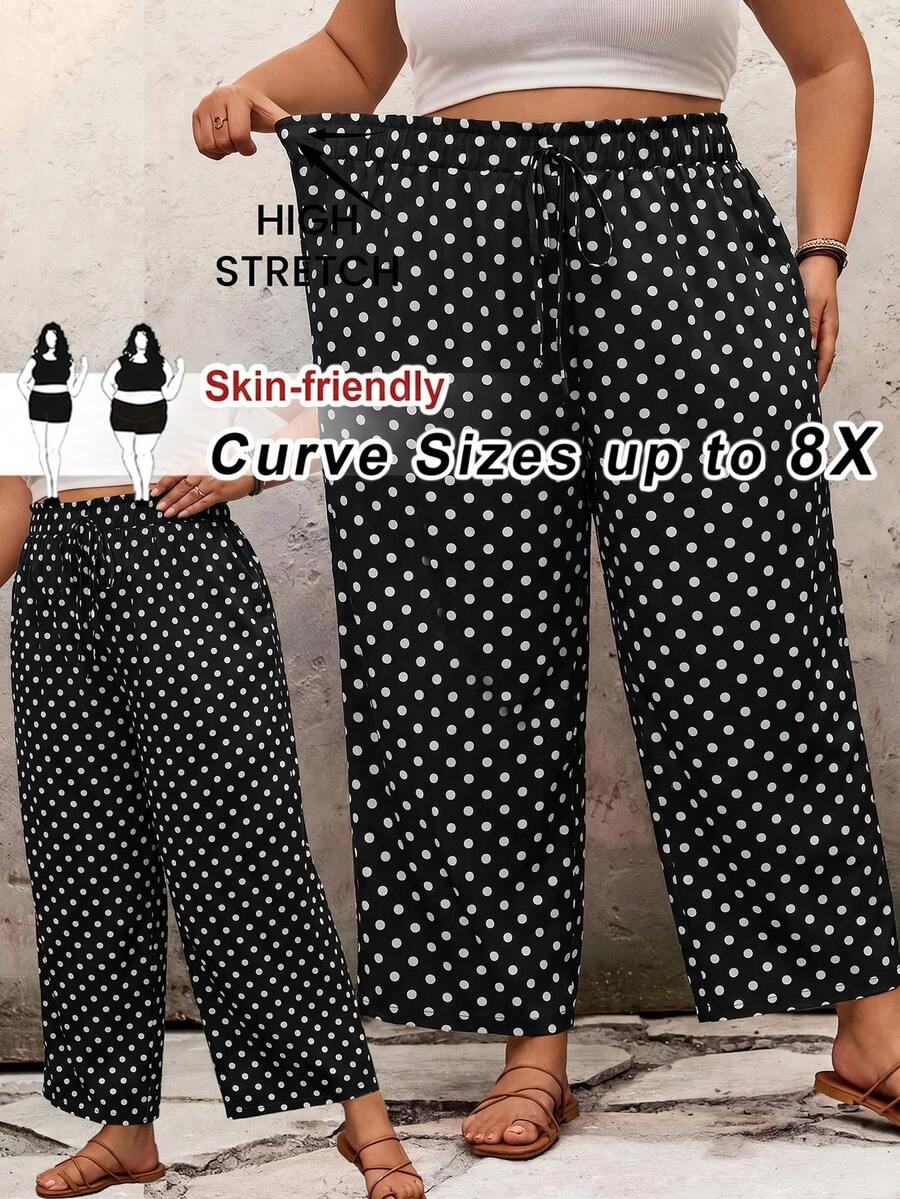 SHEIN CURVE+ 大尺碼休閒純色寬鬆長褲 夏季/鄉村/海邊度假穿搭/海邊穿搭/海邊服飾 - 黑與白 - 查看 1