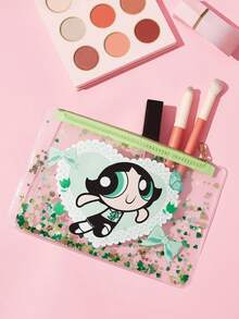 THE POWERPUFF GIRLS X SHEIN 1個卡通角色印花亮片裝飾透明PVC輕量化化妝包，適用於存放化妝品、文具、日常用品、數位產品，適合通勤、上學、旅行，適合所有年齡層，學生友善，花朵、泡泡、毛茛、友誼、蝴蝶結 - 無色 - 查看 4