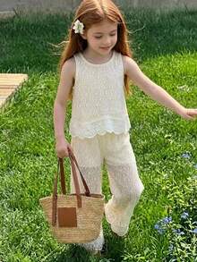 Young Girls 2 Pieces Set Sleeveless Solid Color Round Neck Lace Trim Scalloped Edge Top And Long Pants - Apricot - View 1