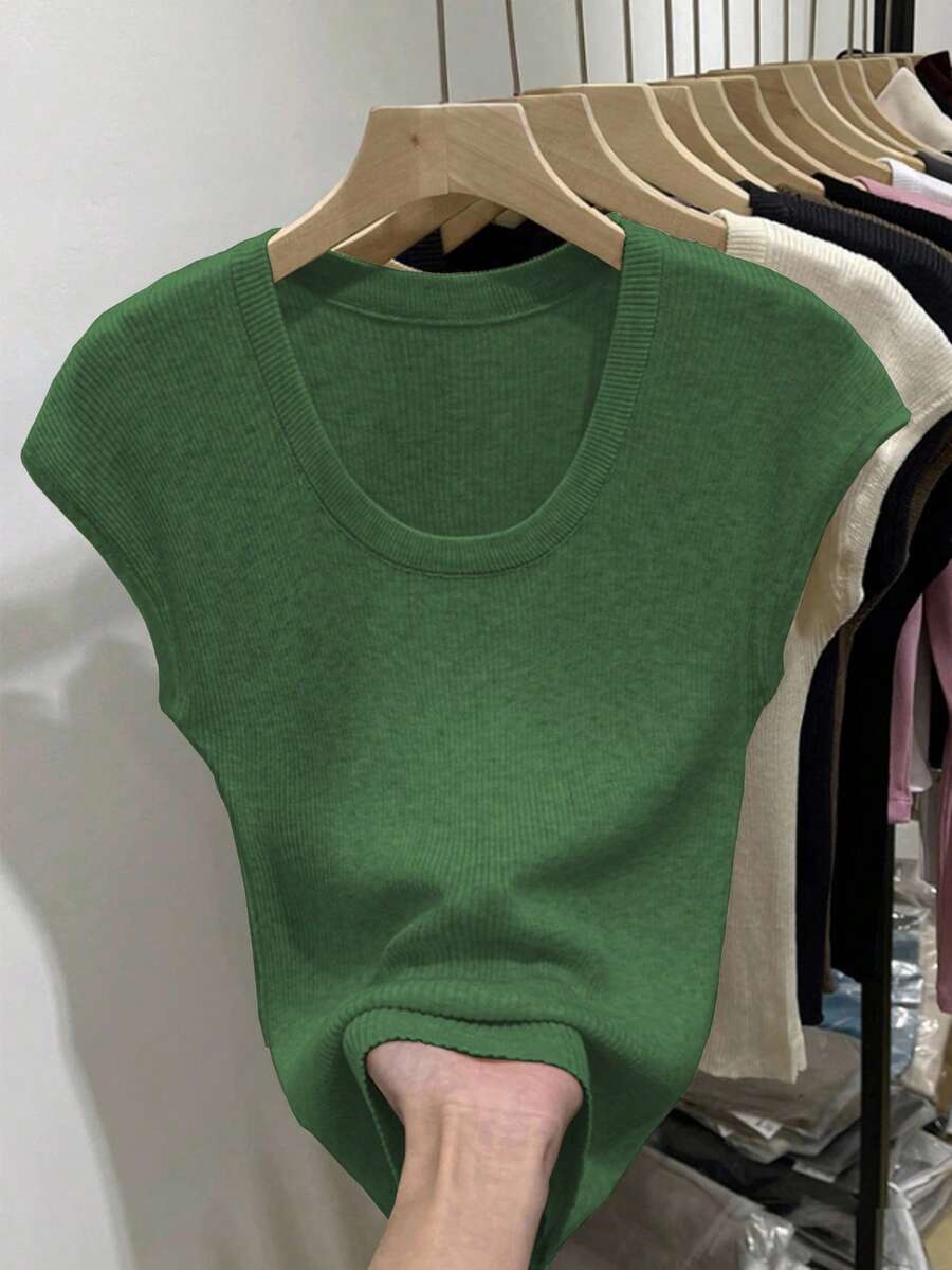 Franclia 2025 Spring/Summer New U-Neck Short Sleeve Knit Top - Army Green - View 1