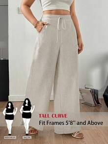 SHEIN Tall CURVE Damen Große Größen einfarbige Leinen Kordelzug Weites Bein Taschen Strukturierte Lässig Hose, Vintage Stil Locker Sitzende Leinen Hose, Sommer Strand Urlaub Hose, Cargohose - Aprikosenfarben - Übersicht 4