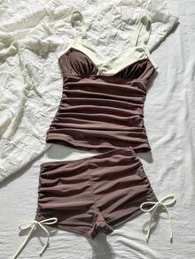 Swim Lushoire 女款休閒海灘套裝，坦克比基尼泳衣高腰男孩短褲泳褲，白色與棕色，適合夏季 - 棕色 - 查看 8