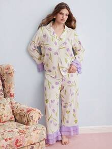 Elorette Plus Size Floral Print Collared Ruffle Trim Long Sleeve Top And Pants Pajama Set, Cozy And Elegant Details, Fall Winter Clothes - Purple - View 1
