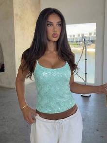 Aloruh Sea Blue Sequin Camisole Top, Versatile For Vacation - Baby Blue - View 6