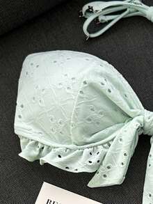 Swim Vcay Spring/Summer Solid Color Shoulder Strap Jacquard Fabric Non-Wired Bow Decor Cute Beach Vacation Swimsuit Set - Green - View 7