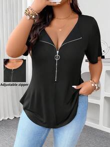 Calvaya Zip V-Neck Solid Color Short Sleeve Bodycon Plus Size T-Shirt, Going Out Tops For Women In Summer BASICS - Black - View 9