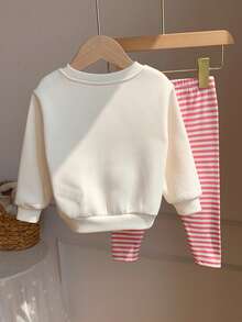 SHEIN Setelan Baju Sweatshirt Lengan Panjang dan Celana Panjang Bergaris Motif Kartun Lucu Kasual untuk Bayi Perempuan (3 Setelan, Dapatkan 1 Setelan Acak) - Putih - View 10