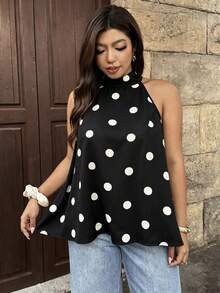 Vionelle Plus Size Polka Dot Sleeveless Back Tie Bow Women's Top - Black - View 6