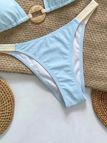Swim Vcay Women's Front Ring Design Contrast Color Halter Neck Tie Sexy Bikini Two-Piece Swimsuit Set Beach Party Blue Summer - Baby Blue - View 4