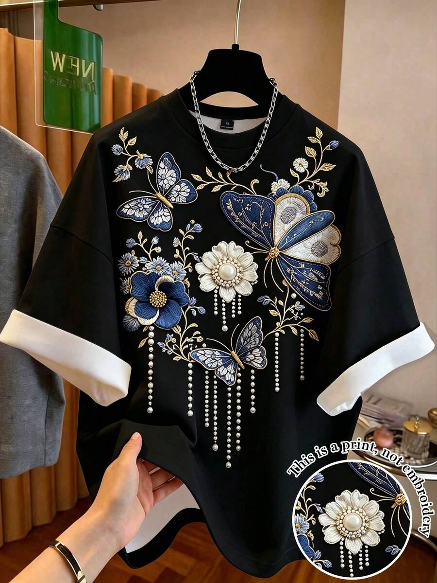GlowEve 女款蝴蝶花卉印花T恤,夏季休閒日常白天穿著,黑色花卉 - 黑色 - 查看 1