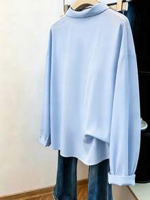 GlowEve CURVE Plus Size Women's Casual Commuter Style Sequin Floral Embroidered Solid Color Blouse, Suitable For Daily Commute And Everyday Wear - Blue - View 2