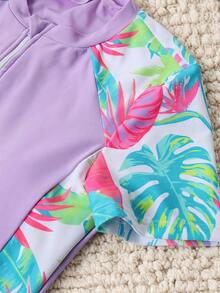 SHEIN Traje de baño ajustado con mangas raglán de color púrpura contrastante para niñas, adecuado para la playa y la natación - Púrpura malva - Ver 4