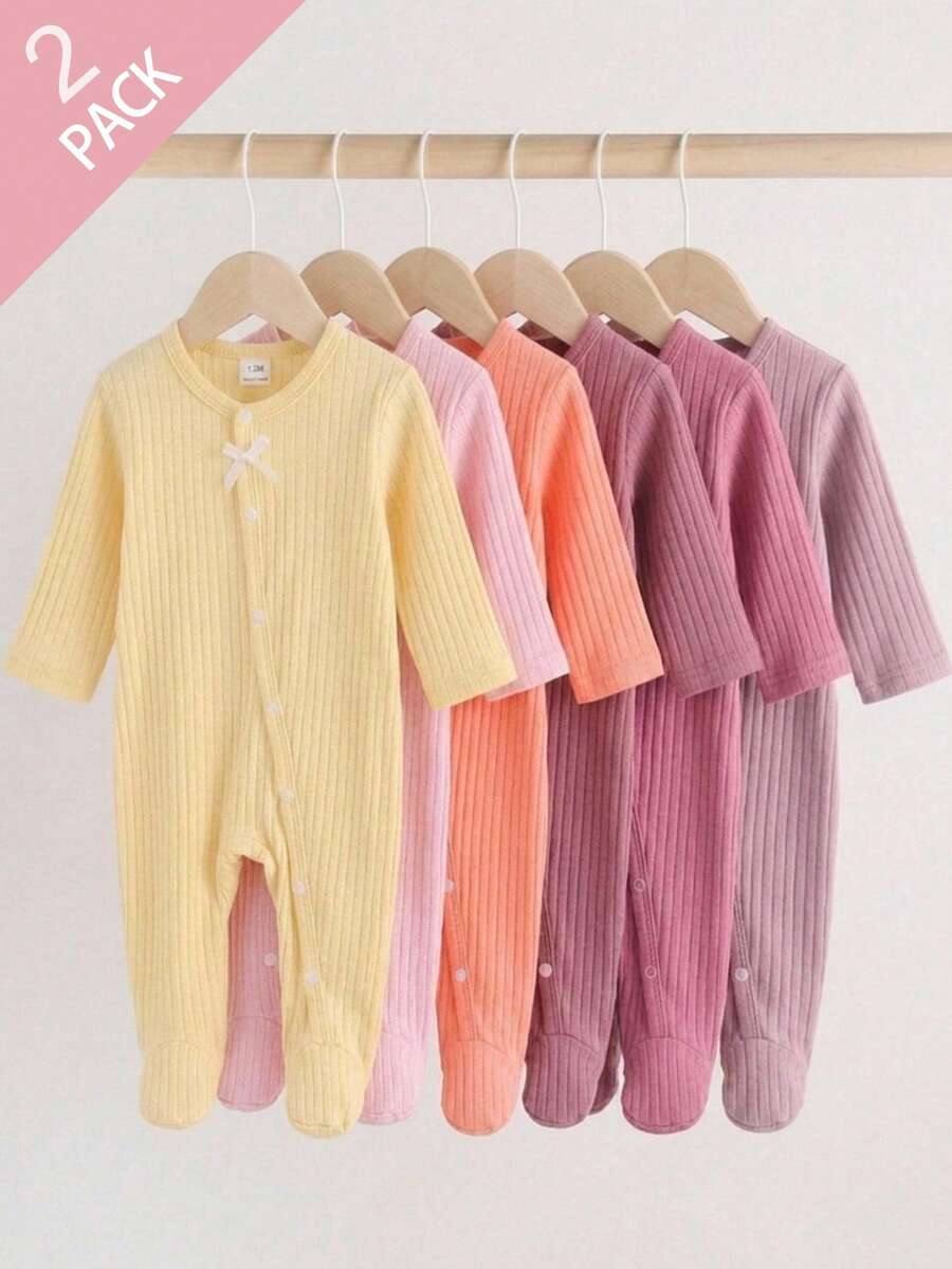 2 piezas Conjunto para recién nacido, Algodón acanalado con lazo 3D, Cierre de botones de presión de manga larga, Tela suave, Primavera/Otoño, Unisex - Multicolor - Ver 1