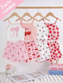 [Random 1 Set] Teen Girls Pajamas New Cherry, Bow, Strawberry Combination Print Knitted Cami Top With Contrast Ruffle Hem And All-Over Print Shorts 2-Piece Loungewear Set - Purple - View 1