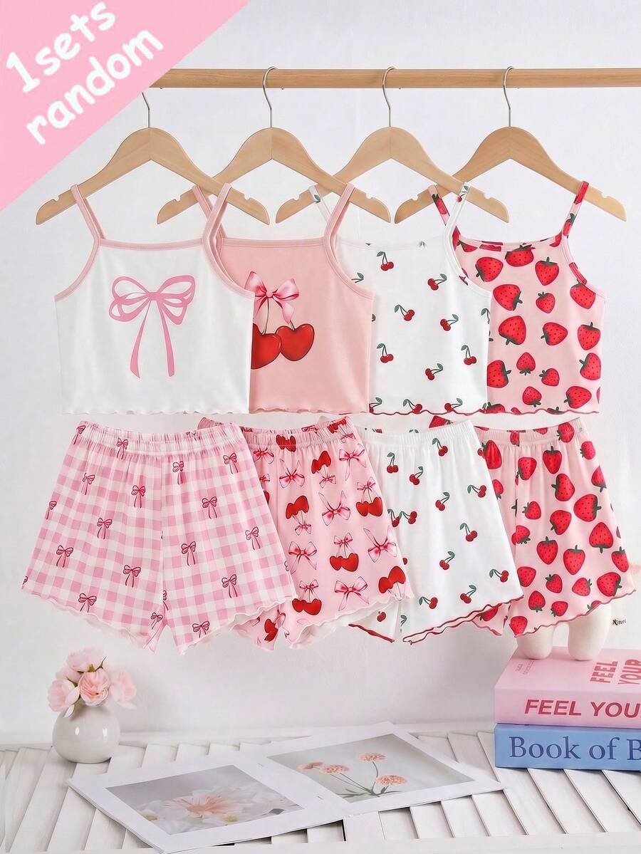 [Random 1 Set] Teen Girls Pajamas New Cherry, Bow, Strawberry Combination Print Knitted Cami Top With Contrast Ruffle Hem And All-Over Print Shorts 2-Piece Loungewear Set - Purple - View 1