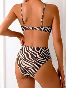 SHEIN Swim 2025 女款夏季海灘豹紋性感比基尼兩件式泳衣套裝 - 棕色 - 查看 5