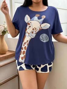 SweetSlumber Conjunto de Shorts y Camiseta de Manga Corta Casual Talla Grande con Estampado de Jirafa - Azul Marino - Ver 6