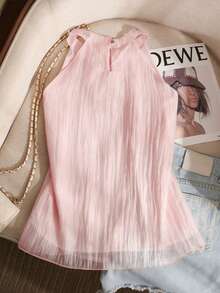 Selianne Women's Spring/Summer French Romantic Sicilian Exquisite Elegant Casual Commute Vacation Afternoon Tea Party Solid Color Textured Fabric Round Neck Stand Collar Front Ruffle Decor Sleeveless Vest Blouse - Baby Pink - View 2