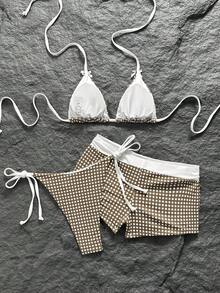 Swim Mod 女款 2026 春夏新款格紋印花蝴蝶結裝飾 V 領露背三角上衣 綁帶式比基尼泳褲與低腰泳褲 3 件式泳裝套裝 - 彩色 - 查看 5