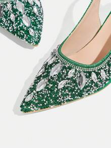 CUCCOO TILAWA Women's Crystal And Glass Rhinestone Pointed Green High-Heeled Shoes, Suitable For Going Out, Banquets, Parties And Other Activities - Green - View 5
