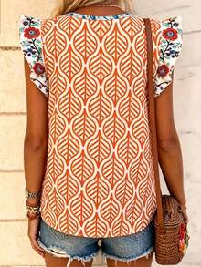 EMERY ROSE Blusa de mujer con estampado floral, cuello en V y mangas acampanadas para vacaciones - Multicolor - Ver 2