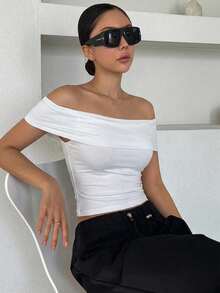 DAZY Women's Solid Color Off-Shoulder Pleated Fitted Versatile Daily Outing Top - White - View 5
