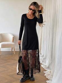 Easowa Women's Fashion Commuter Lace Patchwork Dress - Black - View 3