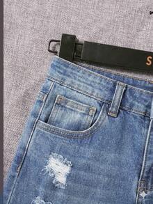 SHEIN 青少年男孩口袋磨損休閒百搭牛仔短褲 - 淺色水洗藍 - 查看 4