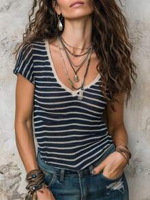 Hotletica Top in maglia da donna versatile con blocchi di colore blu navy e bianco per uso quotidiano, scollo a V, stile chic costiero estivo da vacanza, modesto - Blu reale - Visualizzare 4