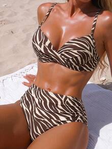 SHEIN Swim 2025 女款夏季海灘豹紋性感比基尼兩件式泳衣套裝 - 棕色 - 查看 4