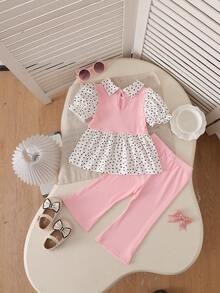 SHEIN Playful Pals Baby Girls' Spring/Summer Holiday 2-Piece Set, Polka Dot Pattern, Cute Style. Collared Puff Short Sleeve Ruffle Hem Top, Flared Long Pants, Pink - Baby Pink - View 5