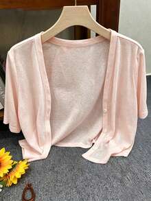 Resyla Cardigan Tipis Lengan Pendek Ukuran Standar Wanita untuk Jalan-jalan dan Liburan - Baby Pink - View 4