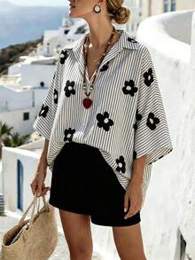 Breezaya Women's Summer Casual Minimalist Style Geometric Line Pattern Split Hem Drop Shoulder Trim Shirt Fashion Commute Blouse - Black - View 1