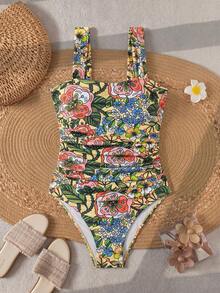 Swim Lushoire Traje de baño de una pieza minimalista con tirantes fruncidos de unicolor para mujer, estilo boho para festival y vacaciones de primavera - Multicolor - Ver 3