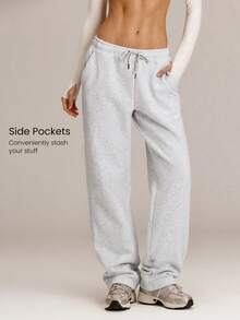 GLOWMODE 30'' Everyday Fleece Wide Leg Adjustable Drawstring Waist Basic Joggers Sweatpants With Side Pockets Daily Casual Fall Winter - Light Grey - View 4