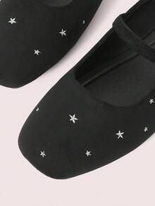 CUCCOO DOLLMOD Women's Shoes, Black Suede Square Toe Flats, Pentagram Embroidered Vintage Mary Jane Women's Shoes - Black - View 4
