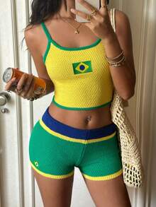 Flirla Conjunto de 2 piezas sexy para mujer para vacaciones en la playa, top casual & shorts de cintura baja de moda, conjunto para Pascua - Multicolor - Ver 7