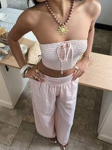 Sunnyshic Damen kariertes gerafftes Bandeau-Top und Hose Lässig Alltag Set - Pink - Übersicht 4