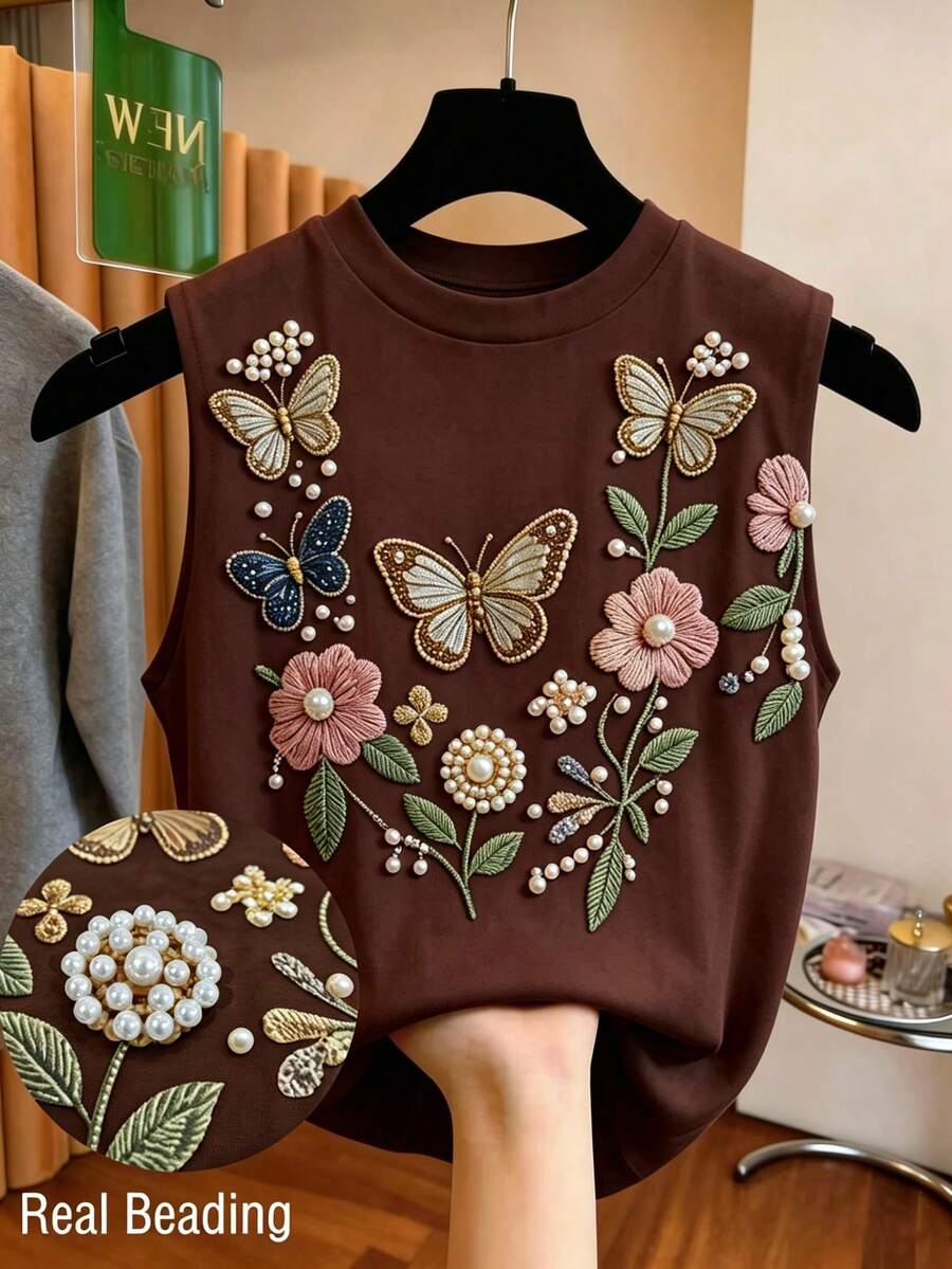 SHEIN Clasi 女款棕色花卉夏季無袖背心圓領蝴蝶刺繡珍珠串珠裝飾優雅浪漫休閒適合日常外出早午餐 - 棕色 - 查看 1