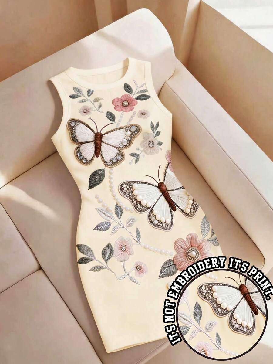 GlowEve 春夏休閒度假法式風刺繡珠飾3D印花圓領修身無袖短洋裝優雅時尚白色洋裝 - 黃色 - 查看 1