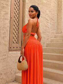 Sirith Solid Color Pleated Circular Ring Decor Hollow Sexy Sleeveless Orange Dress - Orange - View 2