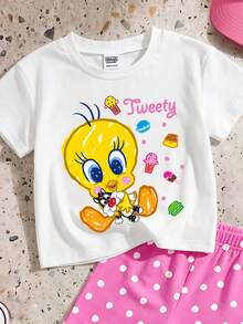 LOONEY TUNES X SHEIN GraphicGems 2件套女婴休闲可爱卡通崔弟、冰淇淋、汉堡印花圆领短袖T恤和波点印花打底裤套装，夏季新款SS26时尚 - 彩色 - 查看 3