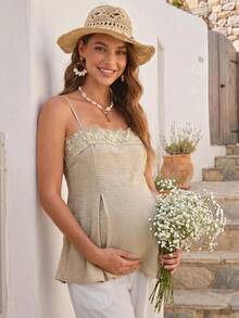 Boho Mama Camisola de tirantes de maternidad para vacaciones de unicolor con contraste de encaje de moda - Albaricoque - Ver 4