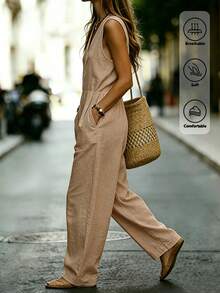 SHEIN Holidaya Damen Sommer ärmelloser V-Ausschnitt Leinen Jumpsuit, lockerer weiter Bein lässiger Jumpsuit, französischer lässiger Urlaubs-Jumpsuit - Khaki - Übersicht 5