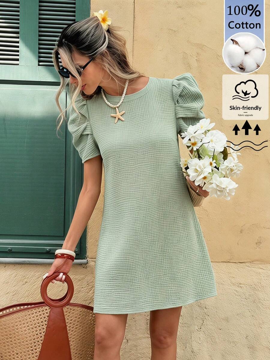 SHEIN Clasi 女士纯色圆领短花瓣袖休闲迷你连衣裙 - 綠色 - 查看 1