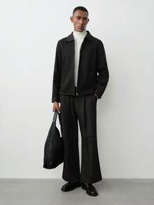 MENRIVO Men's Casual Solid Color Zip-Up Collar Long Sleeve Overcoat - Black - View 2
