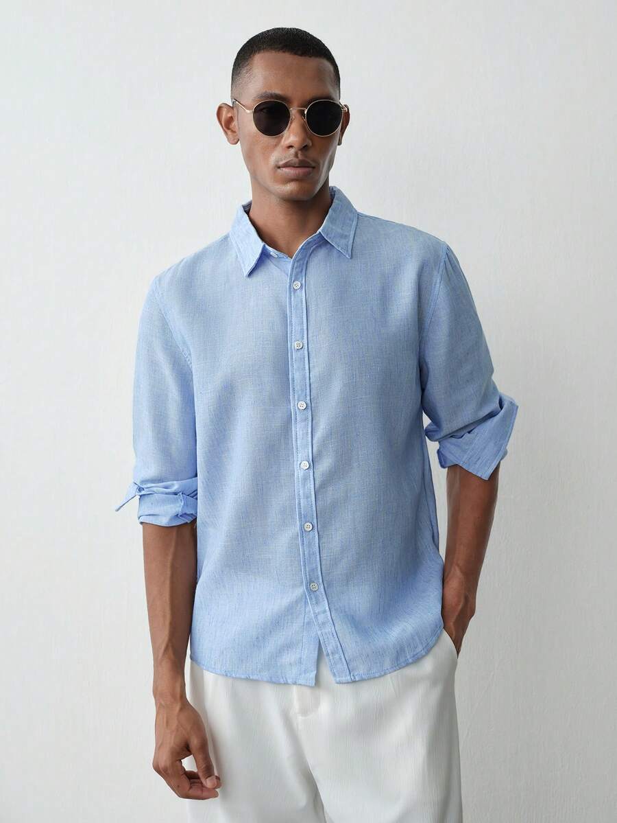 MENRIVO 男士春夏长袖衬衫 Manfinity CasualCool 男士纯色休闲长袖衬衫 男士纽扣衬衫 男士纹理衬衫 男士透气衬衫 男士休闲衬衫 沙滩男士衬衫 波西米亚风男士衬衫 男士衬衫 浅蓝色男士衬衫 礼仪 - 淺藍色 - 查看 1