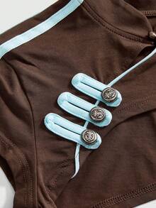 ACID BLVD Spring/Summer Y2K Hot Girl Sporty World Cup Outfit Napoleon Double-Breasted Button Decor Ultra Cropped Tank Top And Camisole 2pcs Set - Brown - View 13
