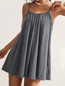 Bohemela Casual Boho Solid Color Knit Loose Washed Mini Dress For Women Beach Charcoal Gray Summer - Dark Grey - View 3